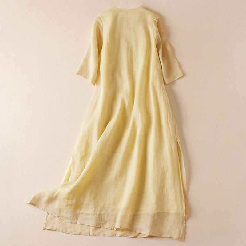 Robe midi en fibre à manches courtes et col rond, ornée de pierres de Bouddha et de feuilles brodées, avec Buddha Stones. - image 1