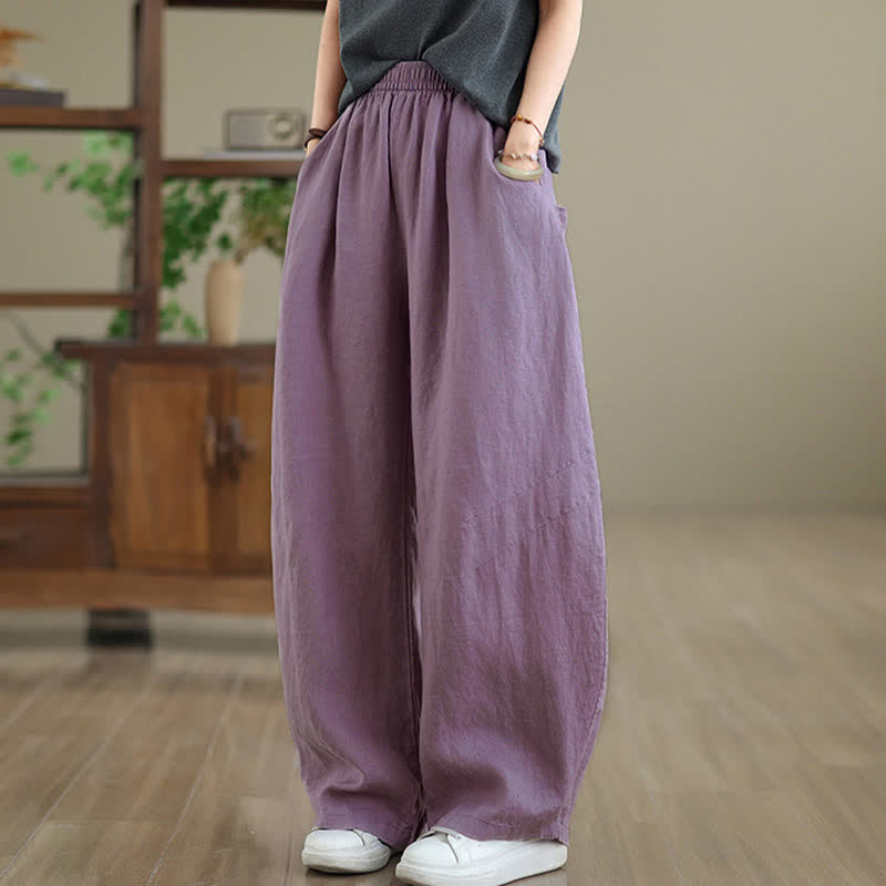 Pantalon large en coton uni décontracté Buddha Stones pour femme, avec poches - image 1