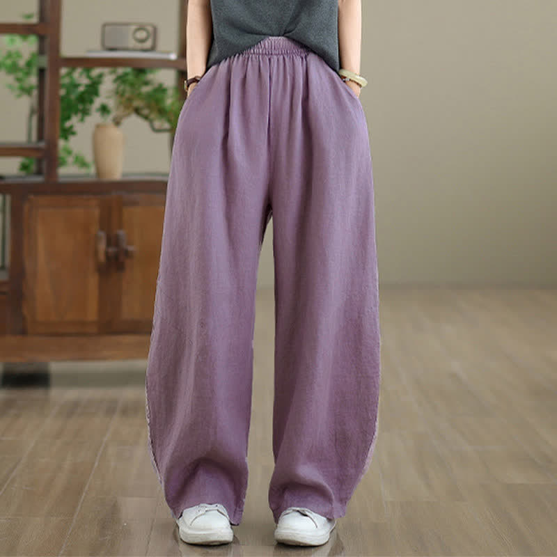 Pantalon large en coton uni décontracté Buddha Stones pour femme, avec poches - image 4