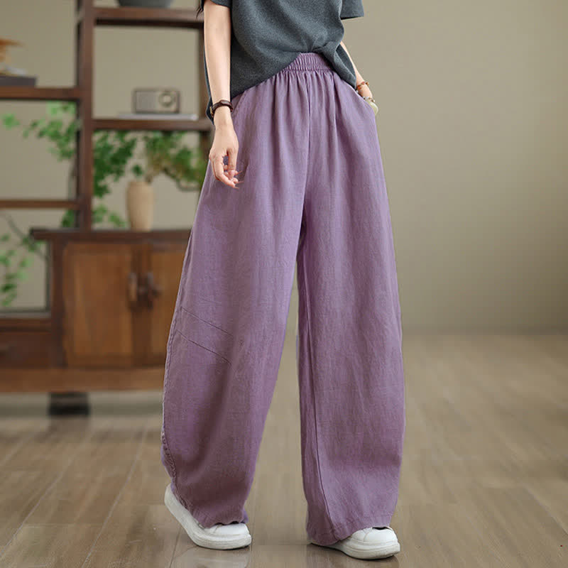 Pantalon large en coton uni décontracté Buddha Stones pour femme, avec poches - Prune - US12，UK/AU16，EU44 (3XL) - image 0