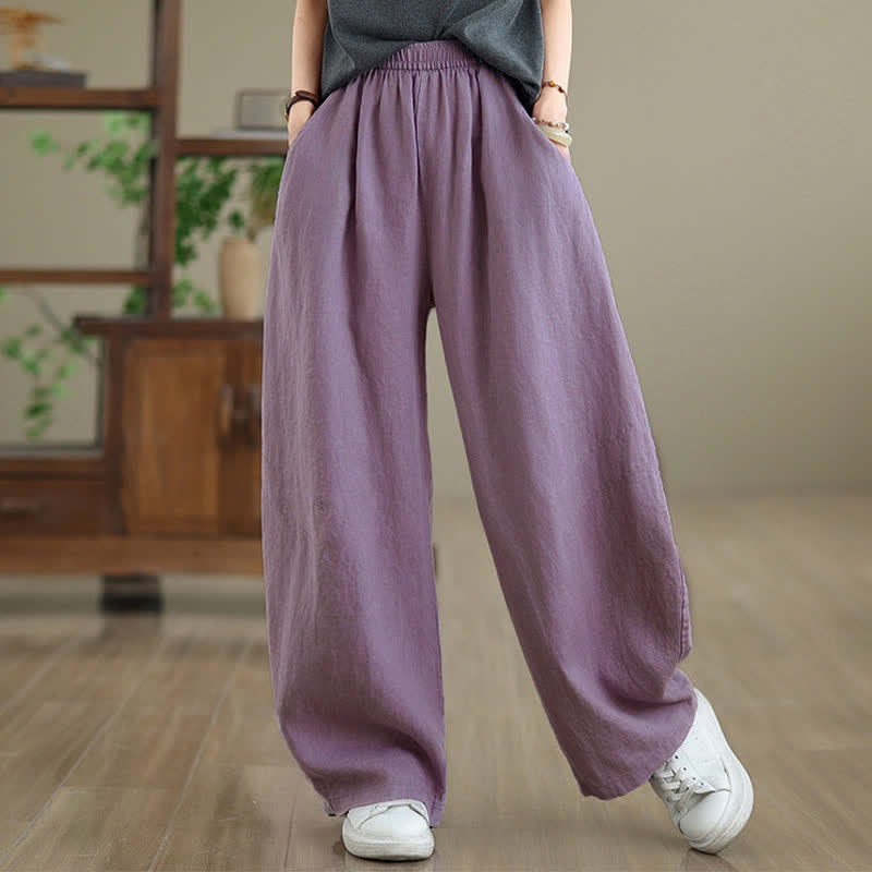 Pantalon large en coton uni décontracté Buddha Stones pour femme, avec poches - image 3