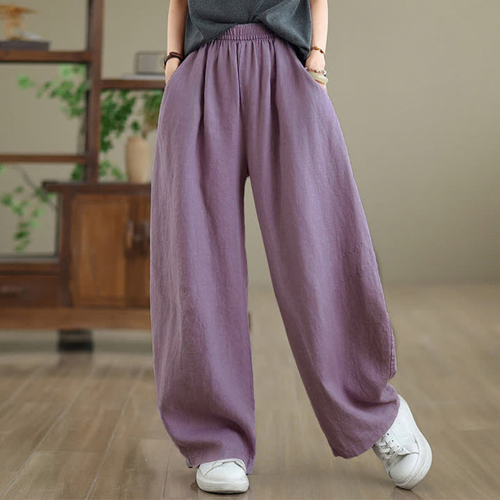 Pantalon large en coton uni décontracté Buddha Stones pour femme, avec poches - image 3