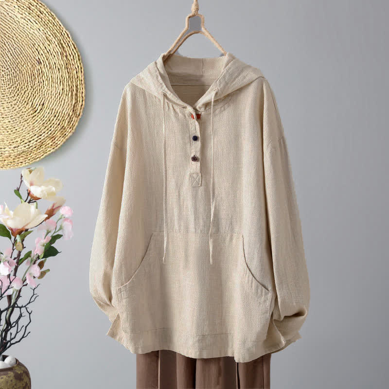 Sweat à capuche à manches longues pour femme Buddha Stones, modèle uni à boutons et poches - Beige - US8-10，UK/AU12-14，EU40-42 (2XL) - image 0