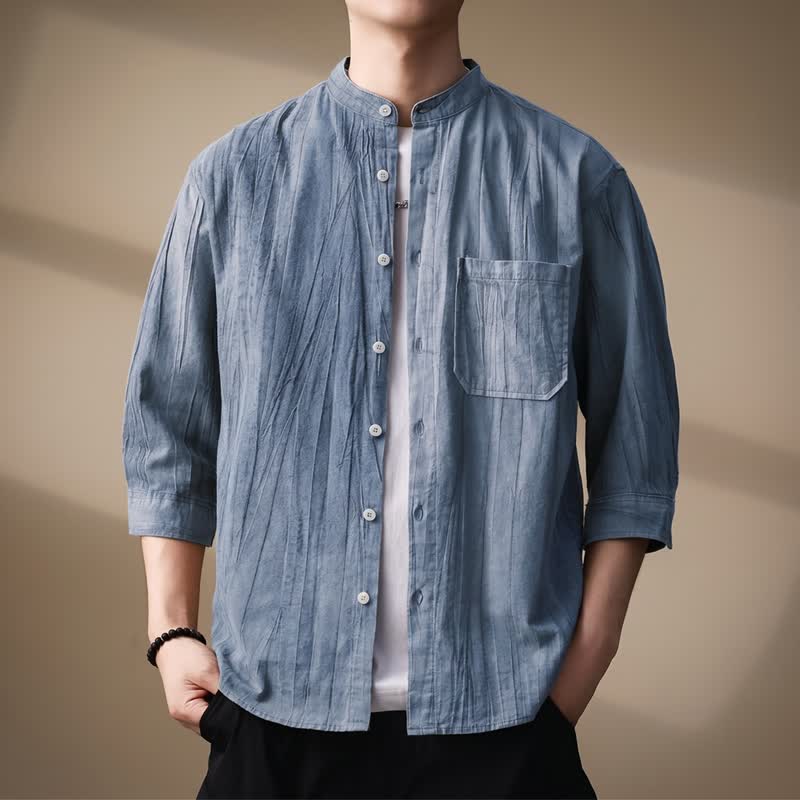 Buddha Stones Chemises homme printemps-été décontractées à col mandarin, manches longues, en coton uni, avec poche plaquée - Bleu clair - US/UK/AU44，EU54 (4XL) - image 8
