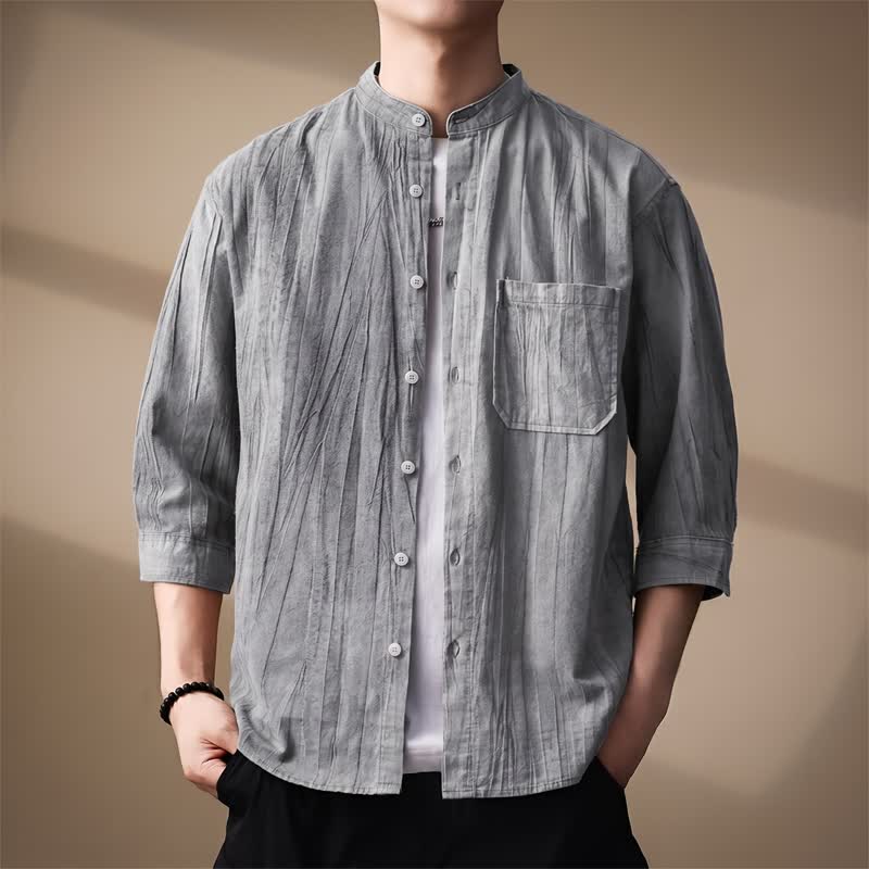 Buddha Stones Chemises homme printemps-été décontractées à col mandarin, manches longues, en coton uni, avec poche plaquée - Gris - US/UK/AU44，EU54 (4XL) - image 9