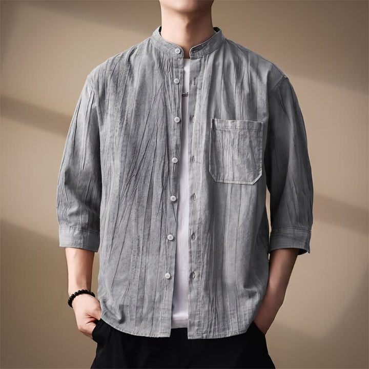 Buddha Stones Chemises homme printemps-été décontractées à col mandarin, manches longues, en coton uni, avec poche plaquée - Gris - US/UK/AU44，EU54 (4XL) - image 9