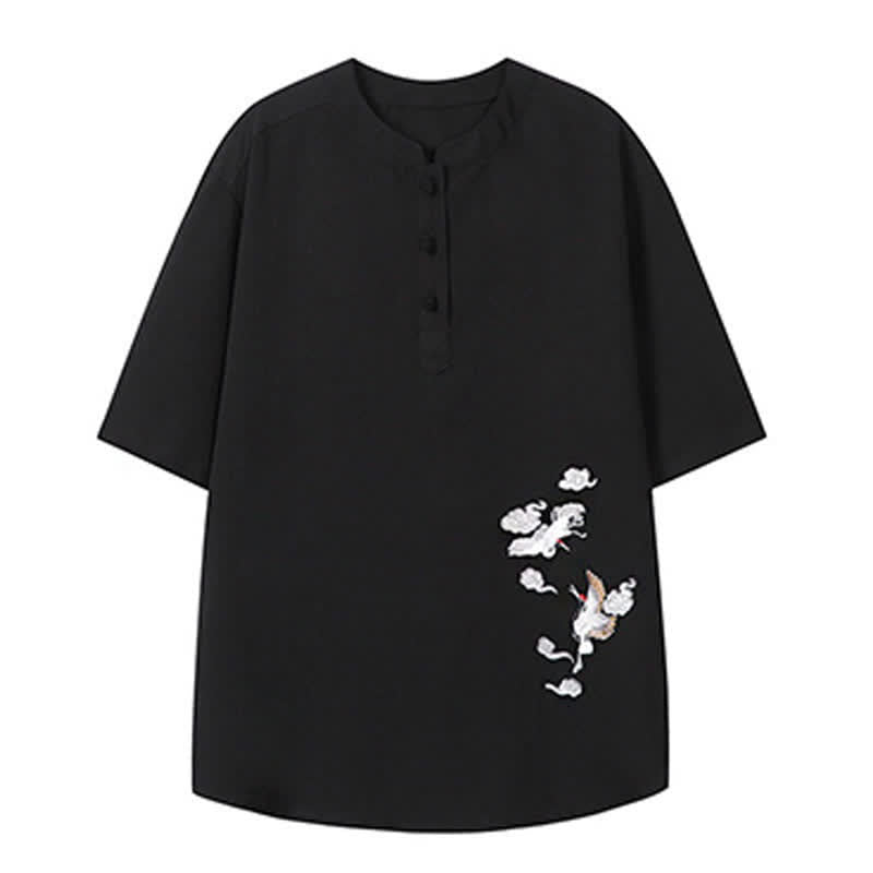 Buddha Stones Chemises à manches courtes pour hommes, style Tang, décontractées, col mandarin, broderie grue - image 15