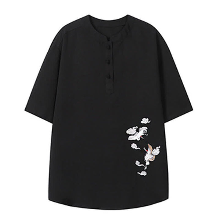 Buddha Stones Chemises à manches courtes pour hommes, style Tang, décontractées, col mandarin, broderie grue - image 15