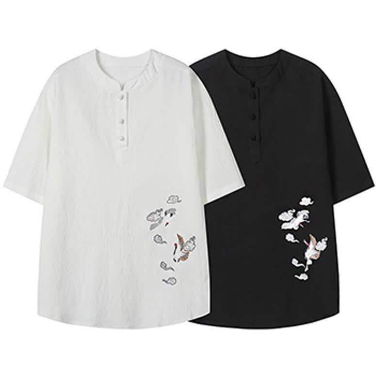 Buddha Stones Chemises à manches courtes pour hommes, style Tang, décontractées, col mandarin, broderie grue - image 17