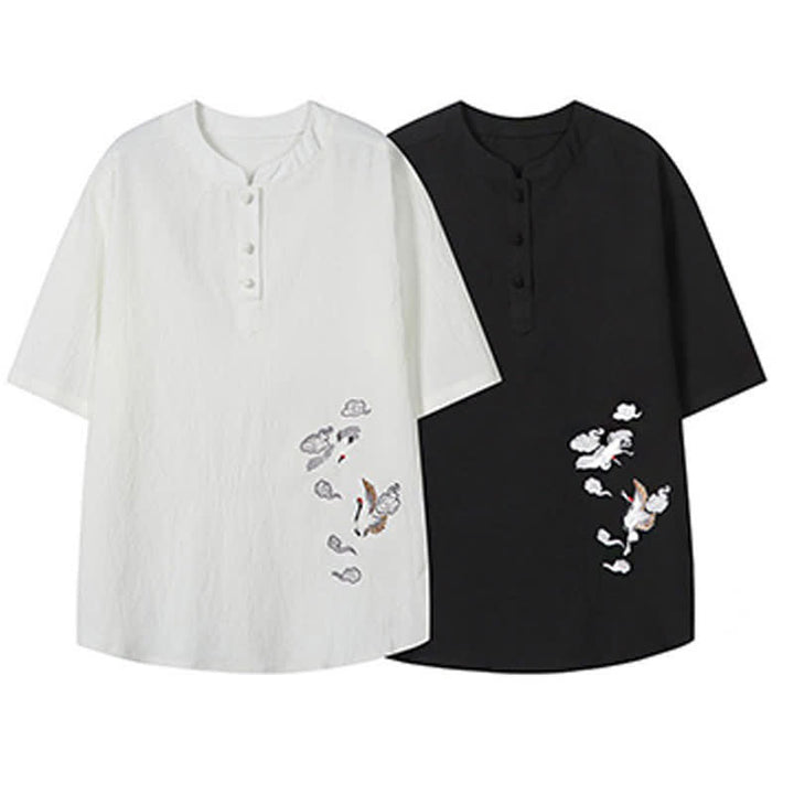 Buddha Stones Chemises à manches courtes pour hommes, style Tang, décontractées, col mandarin, broderie grue - image 17
