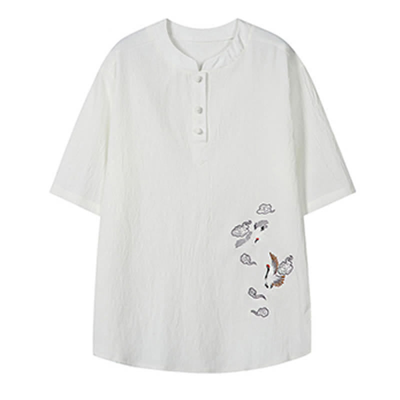 Buddha Stones Chemises à manches courtes pour hommes, style Tang, décontractées, col mandarin, broderie grue - image 3