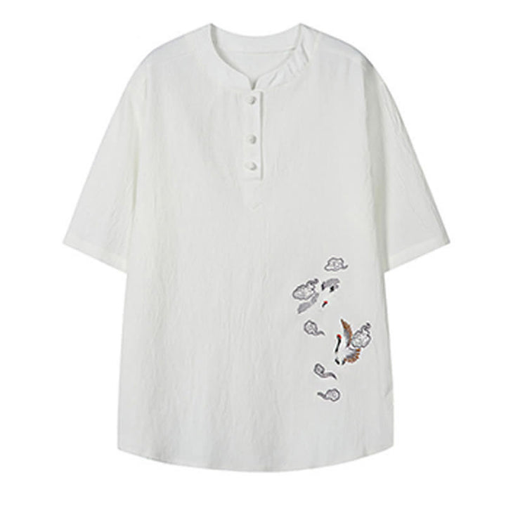 Buddha Stones Chemises à manches courtes pour hommes, style Tang, décontractées, col mandarin, broderie grue - image 3