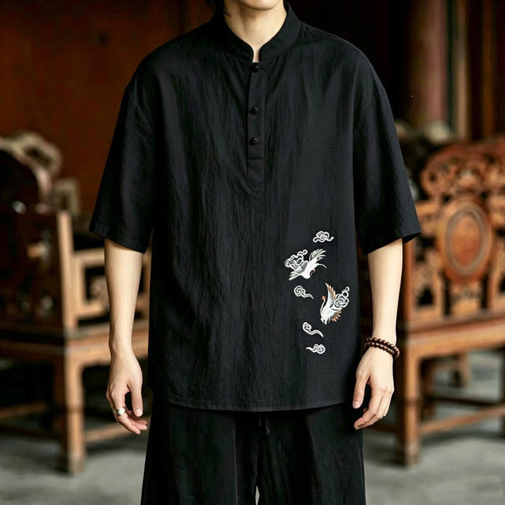 Buddha Stones Chemises à manches courtes pour hommes, style Tang, décontractées, col mandarin, broderie grue - image 13