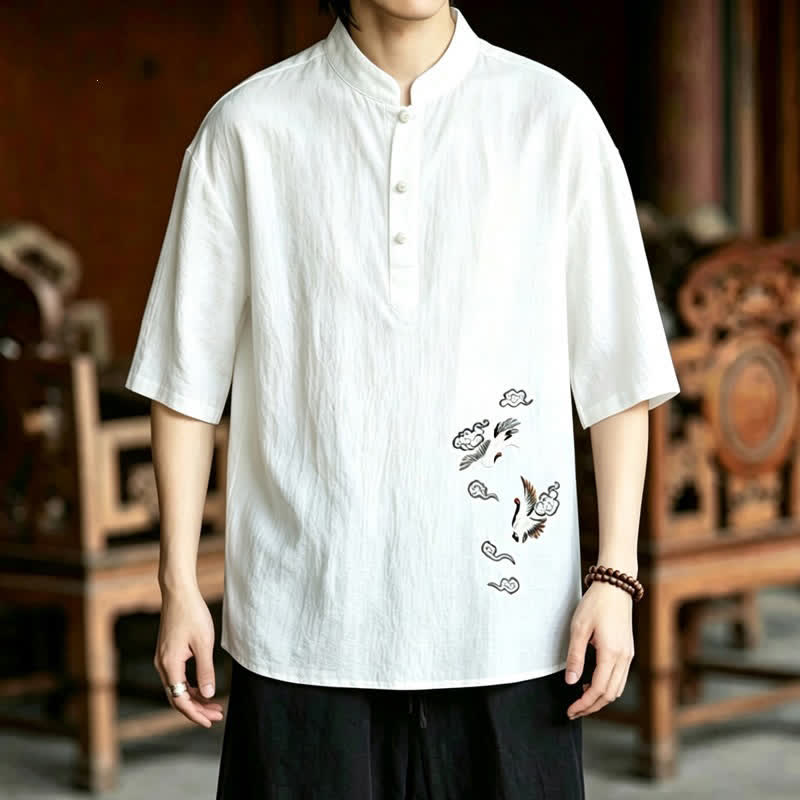 Buddha Stones Chemises à manches courtes pour hommes, style Tang, décontractées, col mandarin, broderie grue - image 1