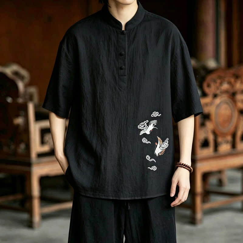 Buddha Stones Chemises à manches courtes pour hommes, style Tang, décontractées, col mandarin, broderie grue - Noir - US/UK/AU48, EU58 (6XL) - image 12