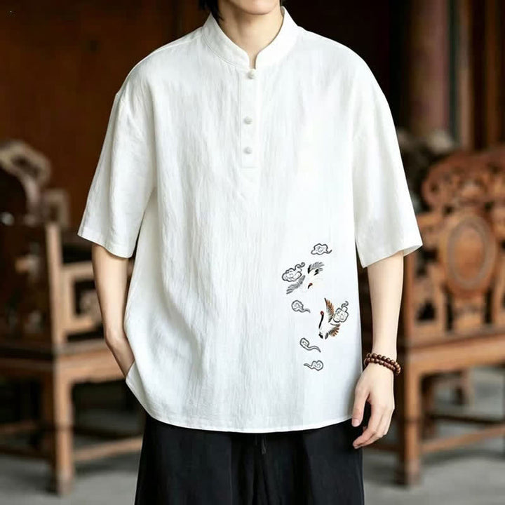 Buddha Stones Chemises à manches courtes pour hommes, style Tang, décontractées, col mandarin, broderie grue - Blanc - US/UK/AU48, EU58 (6XL) - image 0