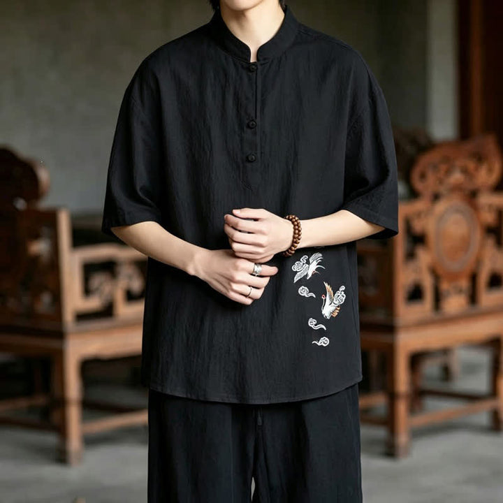 Buddha Stones Chemises à manches courtes pour hommes, style Tang, décontractées, col mandarin, broderie grue - image 14