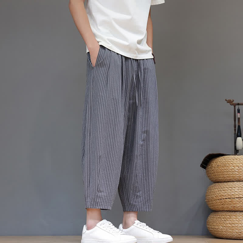 Buddha Stones Pantalon Capri homme en coton et lin rayé, coupe fuselée, avec cordon de serrage et poches, style minimaliste et décontracté d'été - image 1