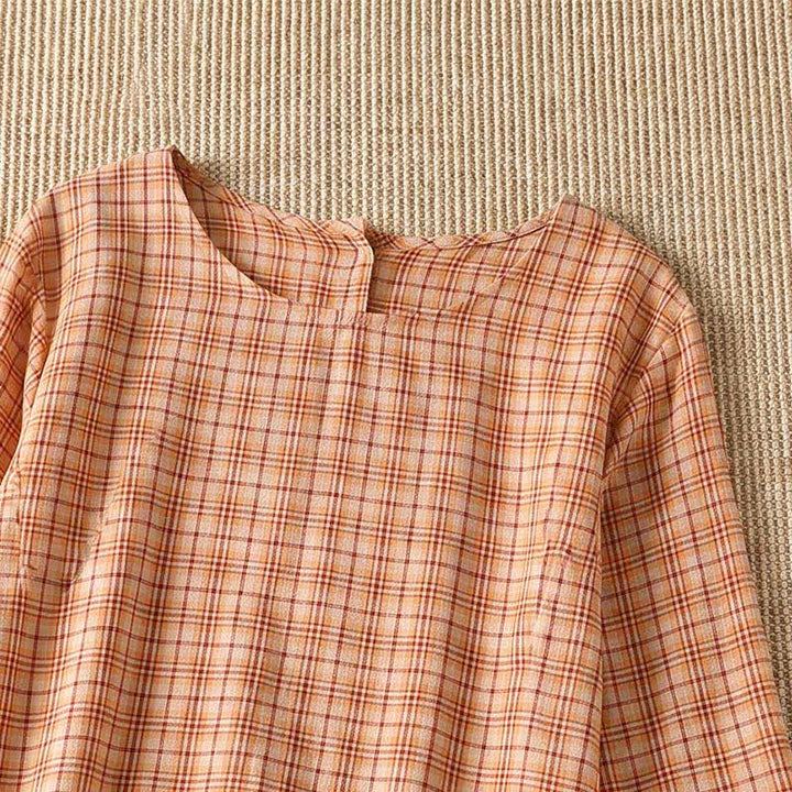 Buddha Stones Robe d'été décontractée à carreaux vintage pour femme, manches trois-quarts, avec poche - image 7