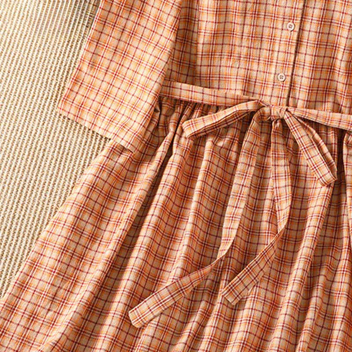 Buddha Stones Robe d'été décontractée à carreaux vintage pour femme, manches trois-quarts, avec poche - image 9