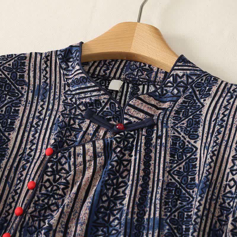 Buddha Stones Robe d'été bohème à col mandarin et manches trois-quarts géométriques avec poche, style Tang - image 2