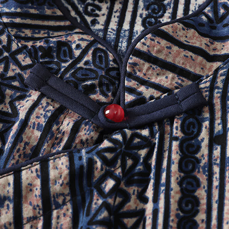 Buddha Stones Robe d'été bohème à col mandarin et manches trois-quarts géométriques avec poche, style Tang - image 4