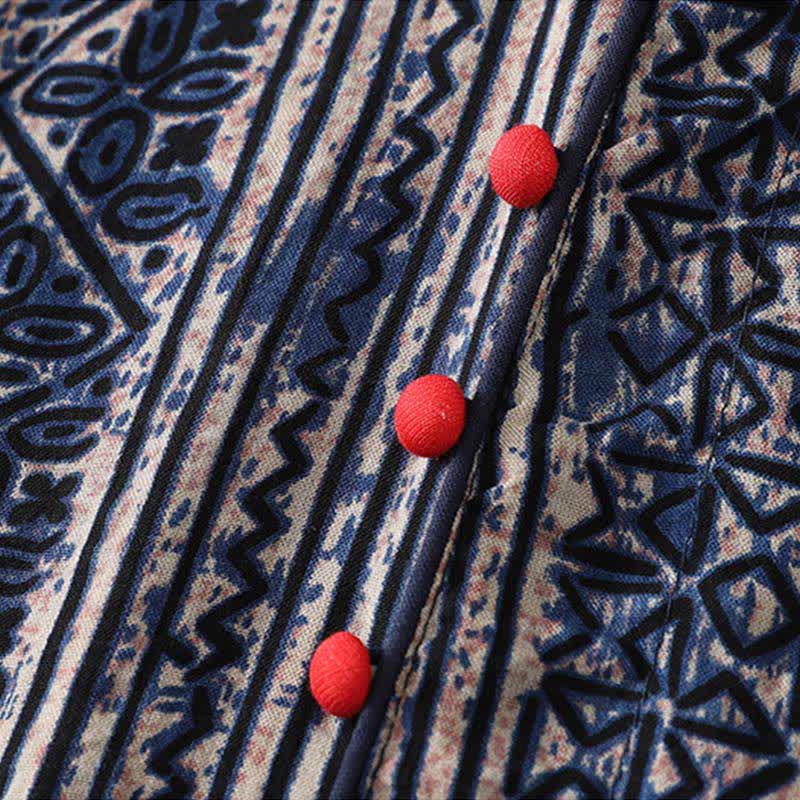 Buddha Stones Robe d'été bohème à col mandarin et manches trois-quarts géométriques avec poche, style Tang - image 5