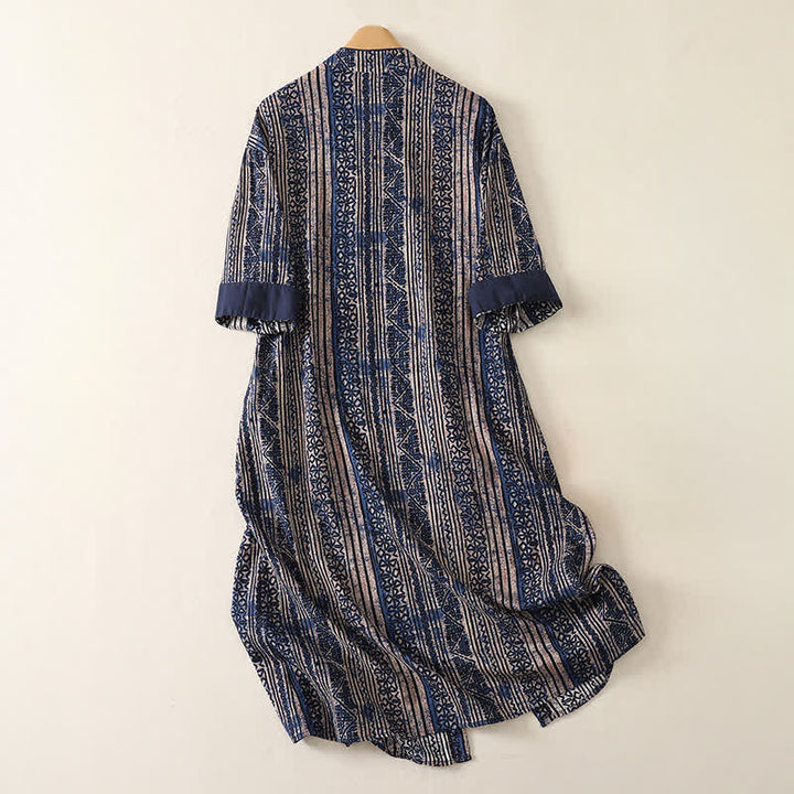 Buddha Stones Robe d'été bohème à col mandarin et manches trois-quarts géométriques avec poche, style Tang - image 1