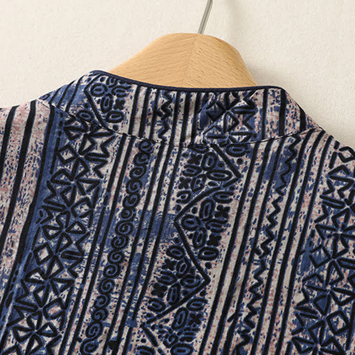 Buddha Stones Robe d'été bohème à col mandarin et manches trois-quarts géométriques avec poche, style Tang - image 3