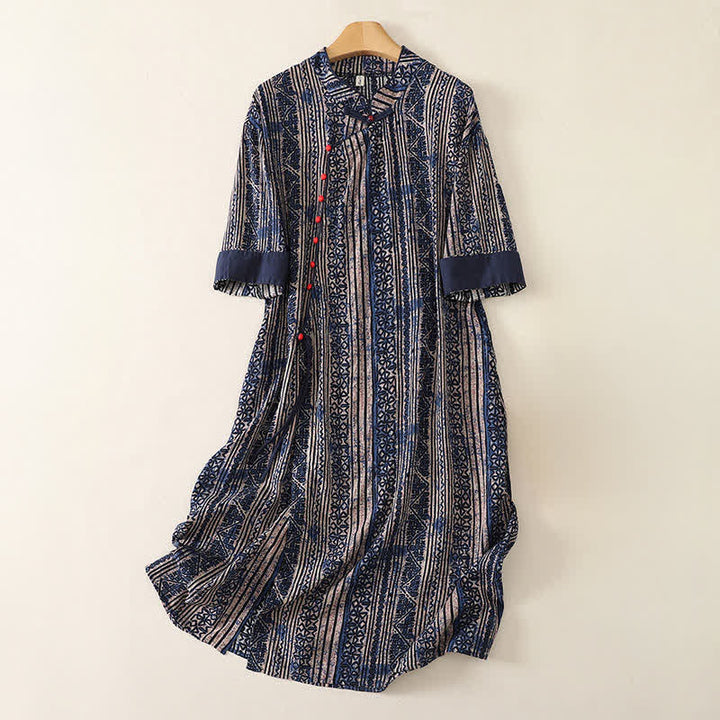 Buddha Stones Robe d'été bohème à col mandarin et manches trois-quarts géométriques avec poche, style Tang - image 0