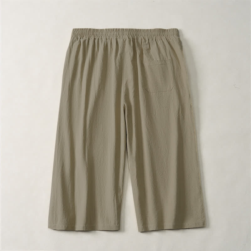 Buddha Stones Pantalon Capri uni décontracté d'été à cordon de serrage et poches, coupe droite, style minimaliste, pour homme. - image 1
