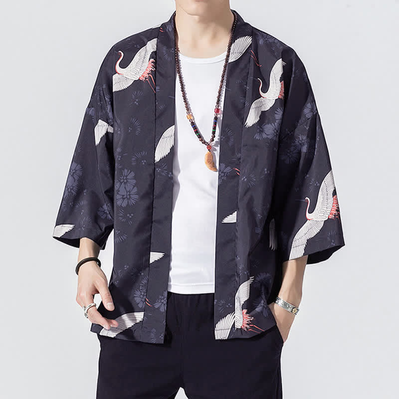 Buddha Stones Kimonos d'été décontractés vintage à devant ouvert pour hommes, imprimé de vagues et de grues - Indigo - US/UK/AU46, EU56 (5XL) - image 3