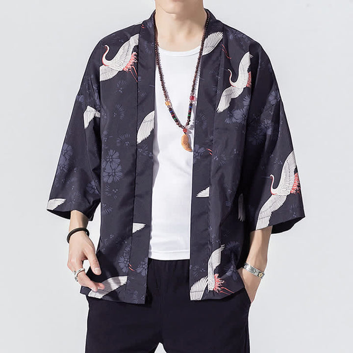 Buddha Stones Kimonos d'été décontractés vintage à devant ouvert pour hommes, imprimé de vagues et de grues - Marine - US/UK/AU46, EU56 (5XL) - image 3