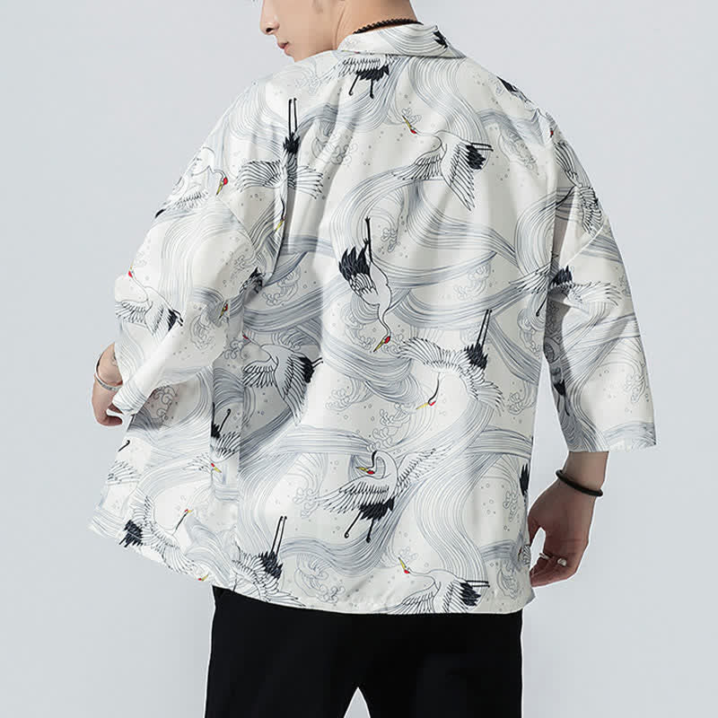 Buddha Stones Kimonos d'été décontractés vintage à devant ouvert pour hommes, imprimé de vagues et de grues - image 14