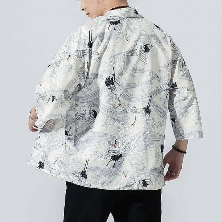 Buddha Stones Kimonos d'été décontractés vintage à devant ouvert pour hommes, imprimé de vagues et de grues - image 14