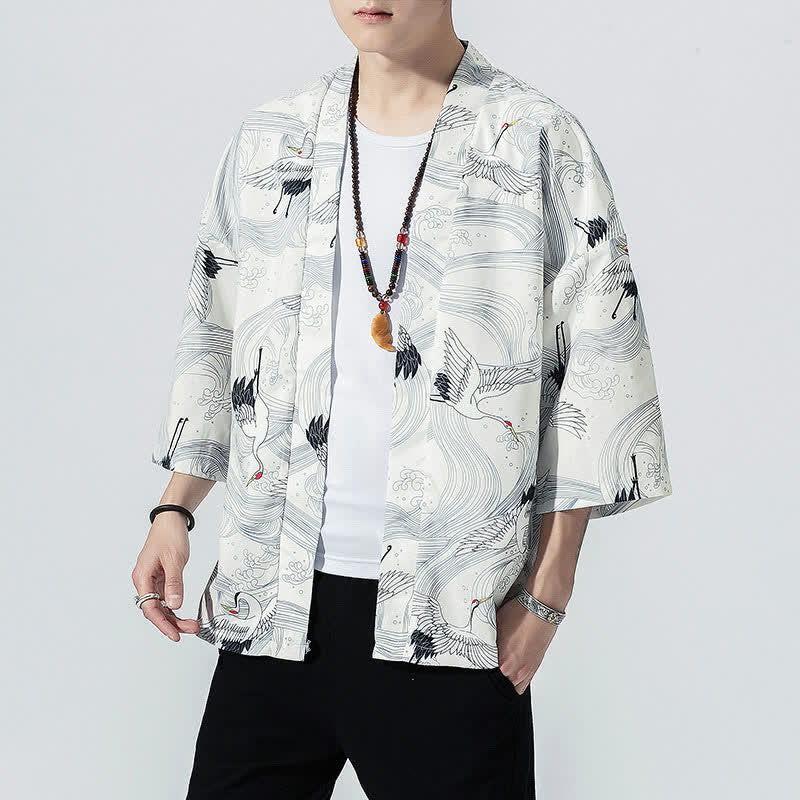 Buddha Stones Kimonos d'été décontractés vintage à devant ouvert pour hommes, imprimé de vagues et de grues - image 12