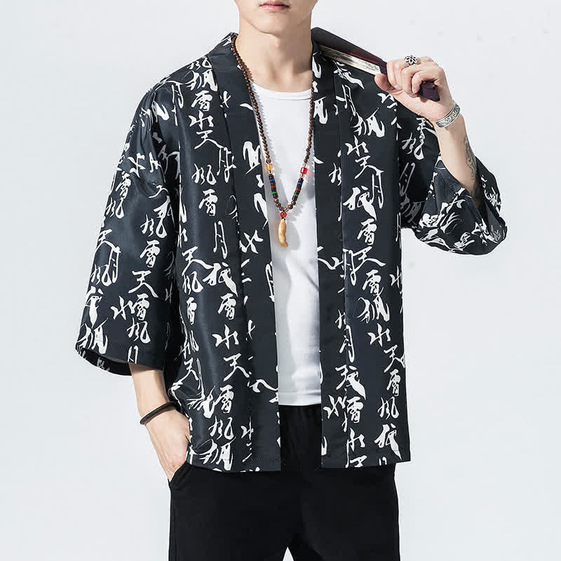 Buddha Stones Kimonos d'été décontractés vintage à devant ouvert pour hommes, imprimé de vagues et de grues - image 11