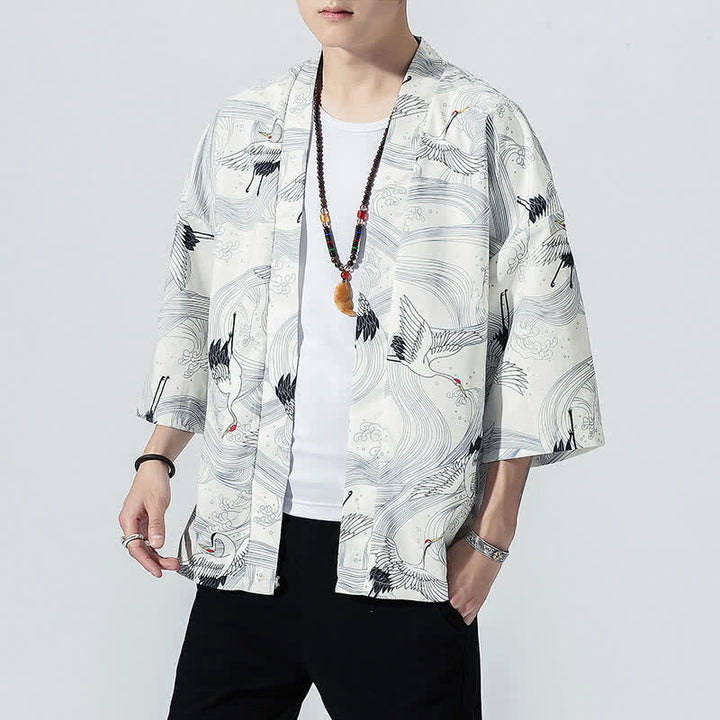 Buddha Stones Kimonos d'été décontractés vintage à devant ouvert pour hommes, imprimé de vagues et de grues - image 12
