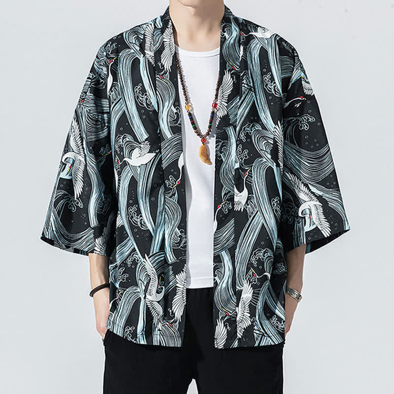 Buddha Stones Kimonos d'été décontractés vintage à devant ouvert pour hommes, imprimé de vagues et de grues - image 1
