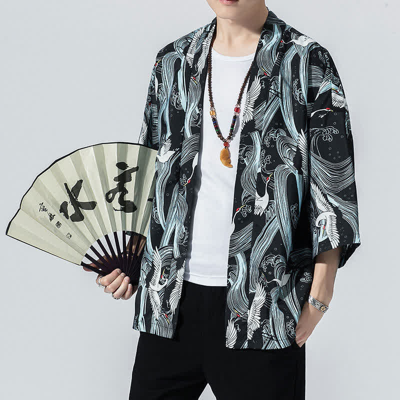 Buddha Stones Kimonos d'été décontractés vintage à devant ouvert pour hommes, imprimé de vagues et de grues - Noir - US/UK/AU46, EU56 (5XL) - image 0