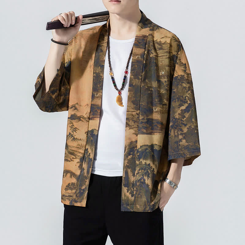 Buddha Stones Kimonos d'été décontractés vintage à devant ouvert pour hommes, imprimé de vagues et de grues - image 8