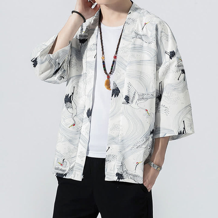 Buddha Stones Kimonos d'été décontractés vintage à devant ouvert pour hommes, imprimé de vagues et de grues - image 13