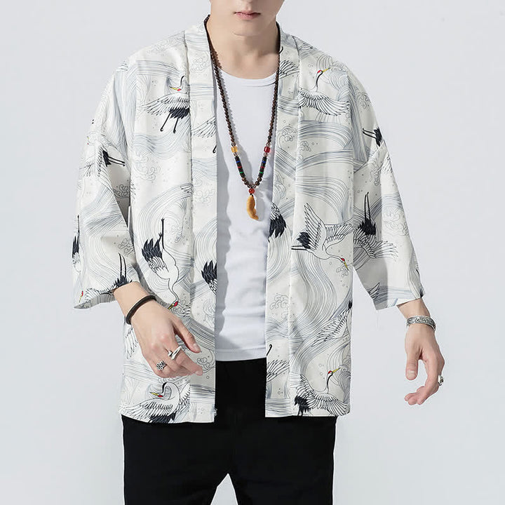 Buddha Stones Kimonos d'été décontractés vintage à devant ouvert pour hommes, imprimé de vagues et de grues - image 11