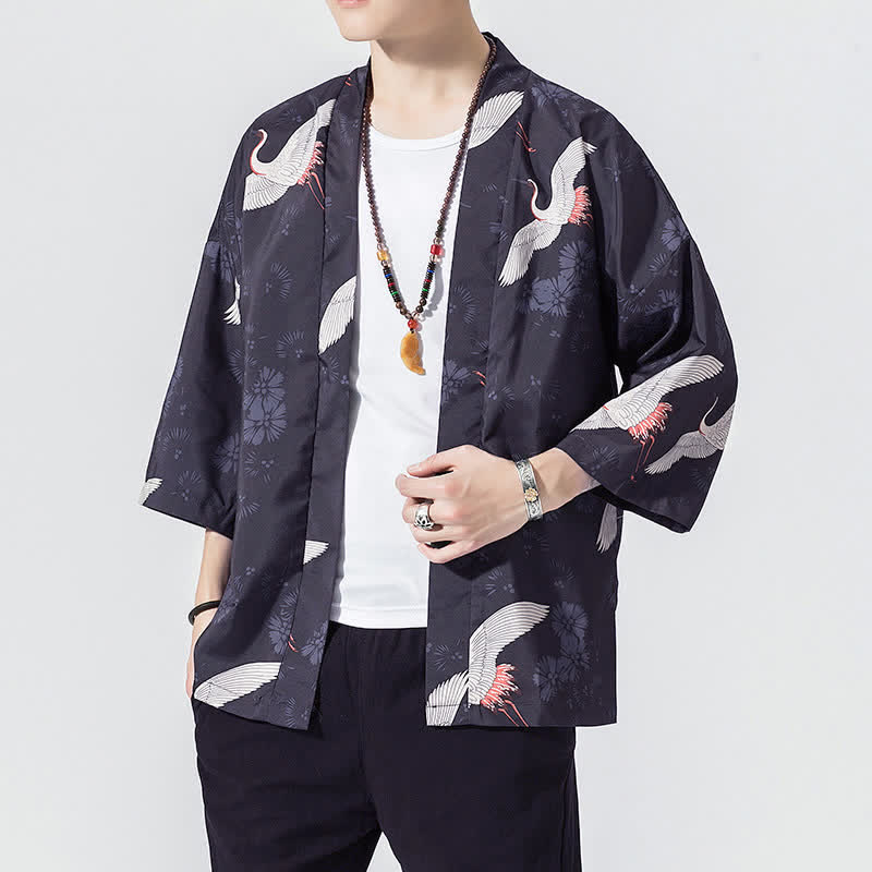 Buddha Stones Kimonos d'été décontractés vintage à devant ouvert pour hommes, imprimé de vagues et de grues - image 5