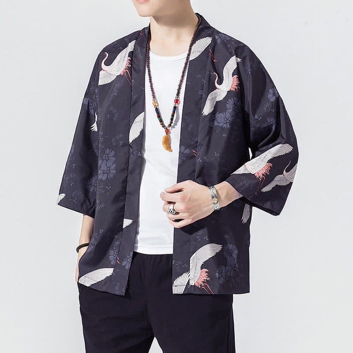 Buddha Stones Kimonos d'été décontractés vintage à devant ouvert pour hommes, imprimé de vagues et de grues - image 5