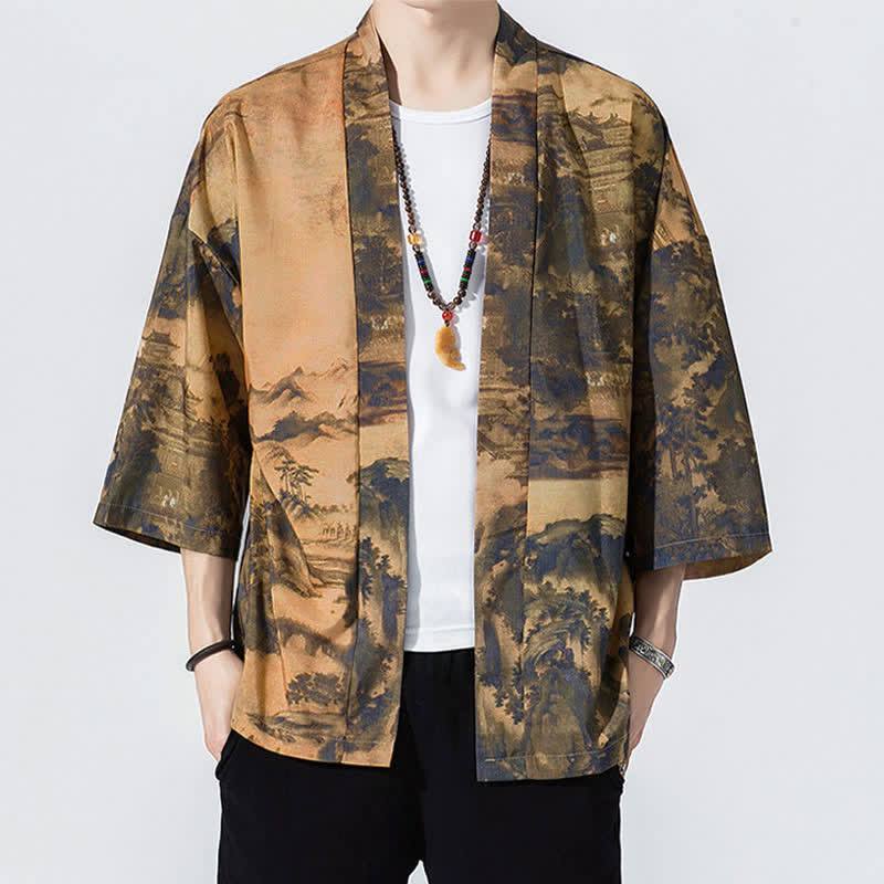 Buddha Stones Kimonos d'été décontractés vintage à devant ouvert pour hommes, imprimé de vagues et de grues - Pérou - US/UK/AU46, EU56 (5XL) - image 7