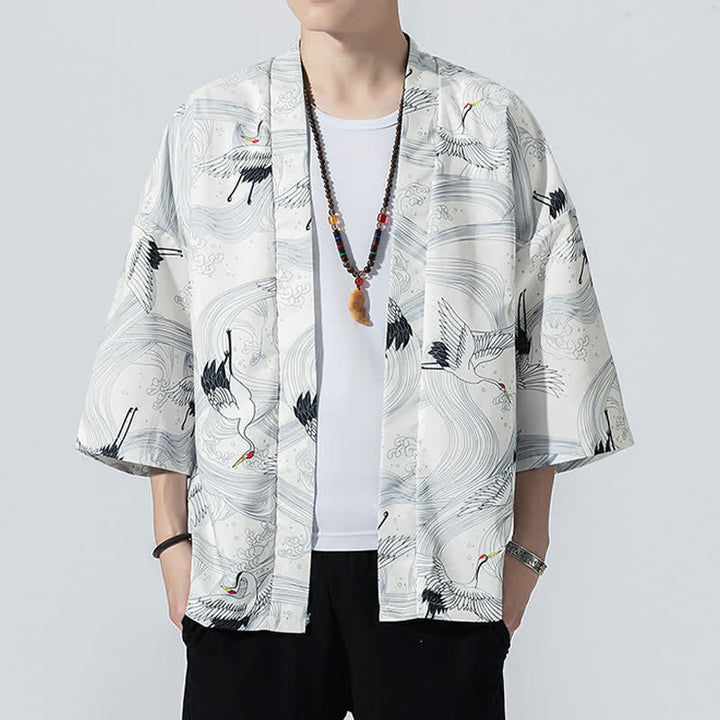 Buddha Stones Kimonos d'été décontractés vintage à devant ouvert pour hommes, imprimé de vagues et de grues - Blanc - US/UK/AU46, EU56 (5XL) - image 10
