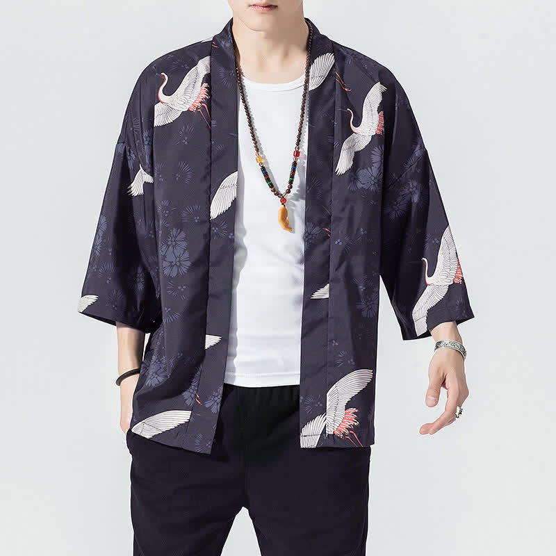Buddha Stones Kimonos d'été décontractés vintage à devant ouvert pour hommes, imprimé de vagues et de grues - image 4