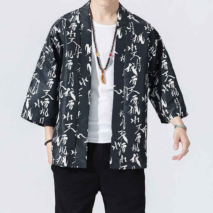 Buddha Stones Kimonos d'été décontractés vintage à devant ouvert pour hommes, imprimé de vagues et de grues - Noir - US/UK/AU46, EU56 (5XL) - image 10