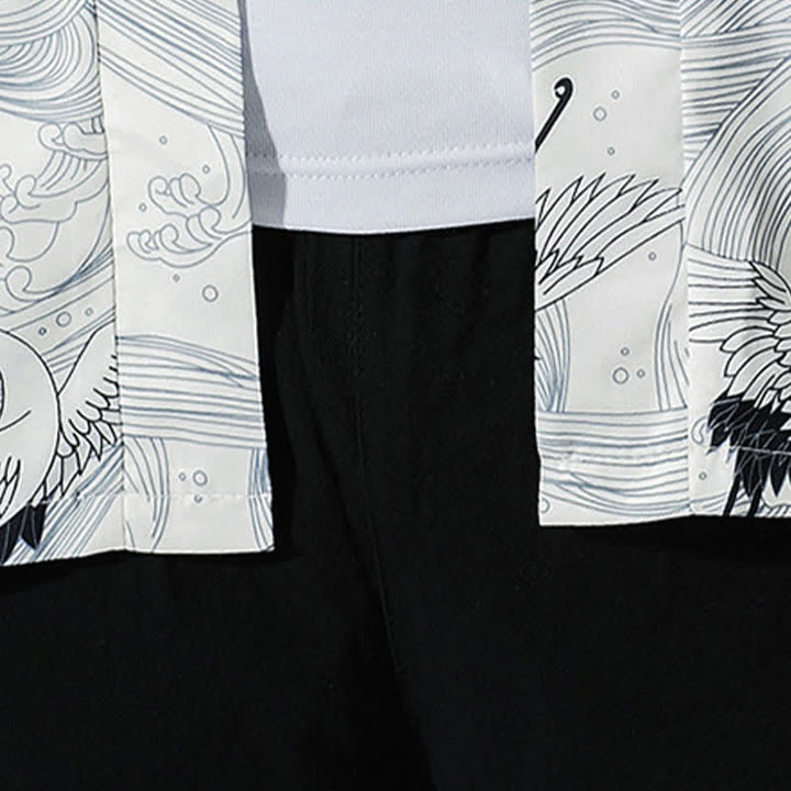 Buddha Stones Kimonos d'été décontractés vintage à devant ouvert pour hommes, imprimé de vagues et de grues - image 15